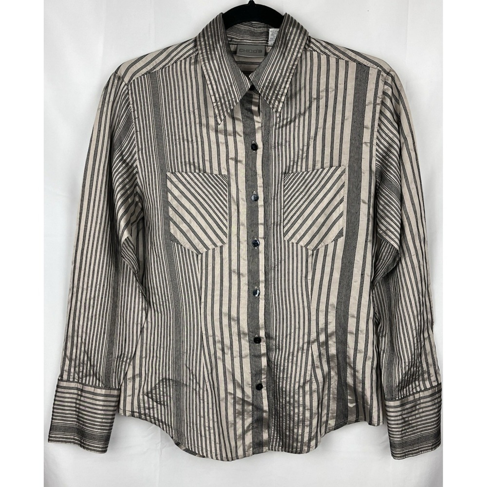 Vtg 90s Y2K‎ Chicos Silk Blend Metallic Striped Blouse Size 0 Small Office Siren